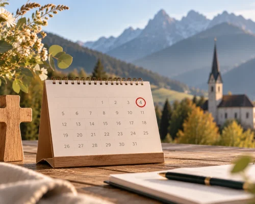 studiotock-Beitrag 4. Oktober Feiertag_Kalender, Kreuz und Alpenkirche